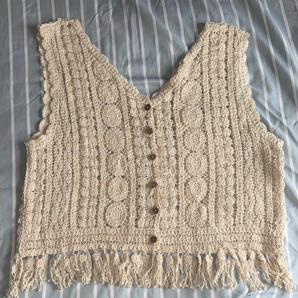 Rebellion Beige Crochet Fringe Button Vest - Picture 2 of 5